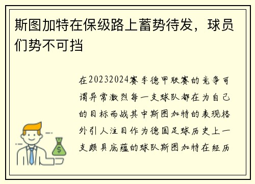 斯图加特在保级路上蓄势待发，球员们势不可挡