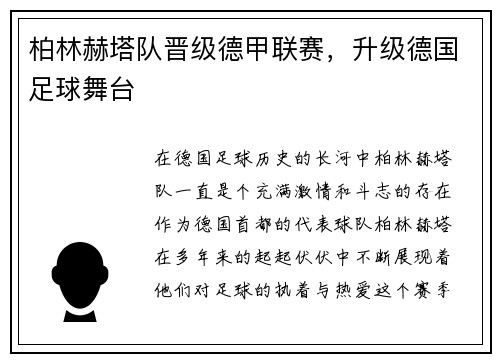 柏林赫塔队晋级德甲联赛，升级德国足球舞台