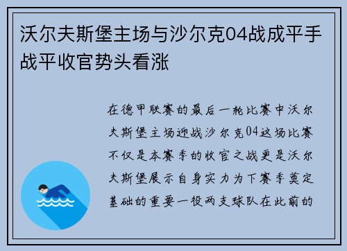 沃尔夫斯堡主场与沙尔克04战成平手战平收官势头看涨
