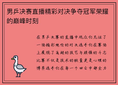 男乒决赛直播精彩对决争夺冠军荣耀的巅峰时刻